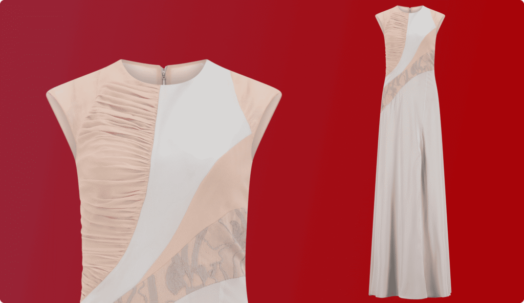 Sleeveless floor-length gown with beige ruched detailing and white flowing fabric, displayed with ghost mannequin effect on a red background.
